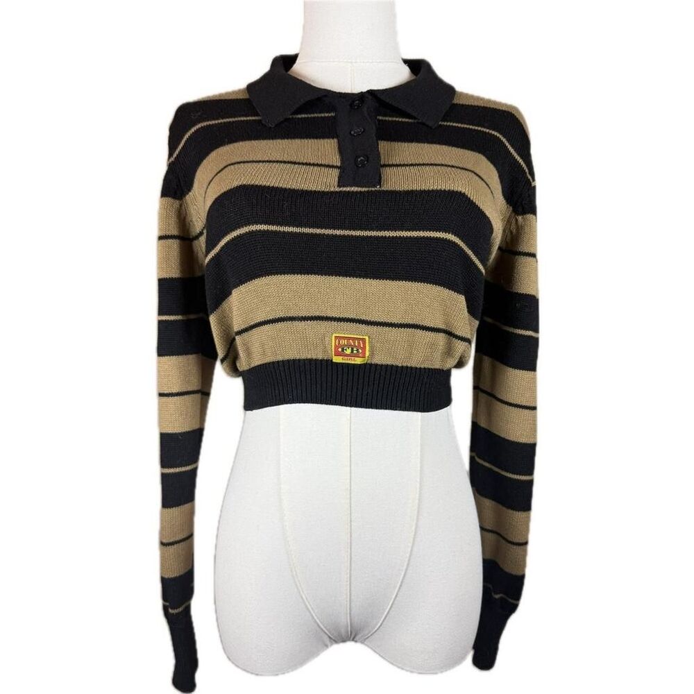 FB County Charlie Brown Crop Top 90s Style Black and Tan striped Sweater sz Sm